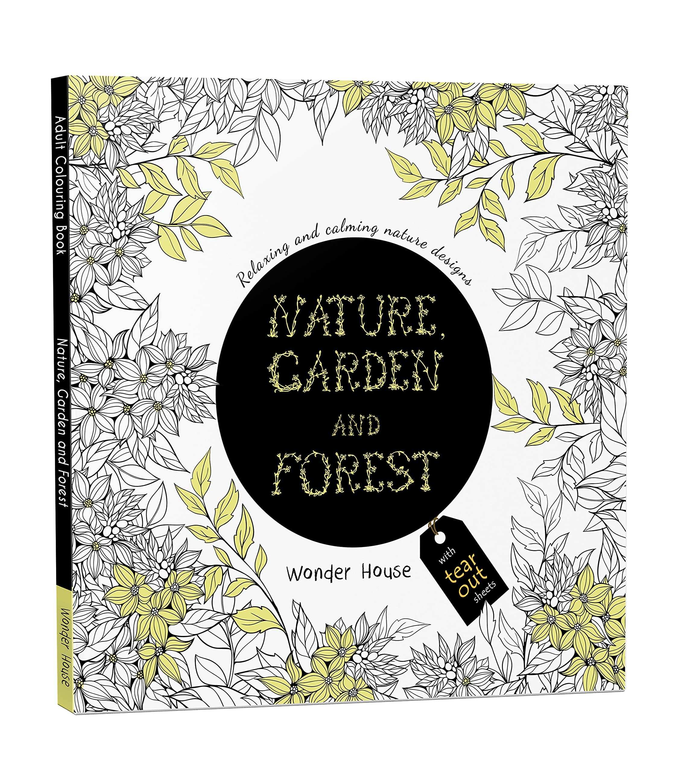 Nature Garden and Forest adult coloring book with tear out pages featuring floral black and yellow designs
