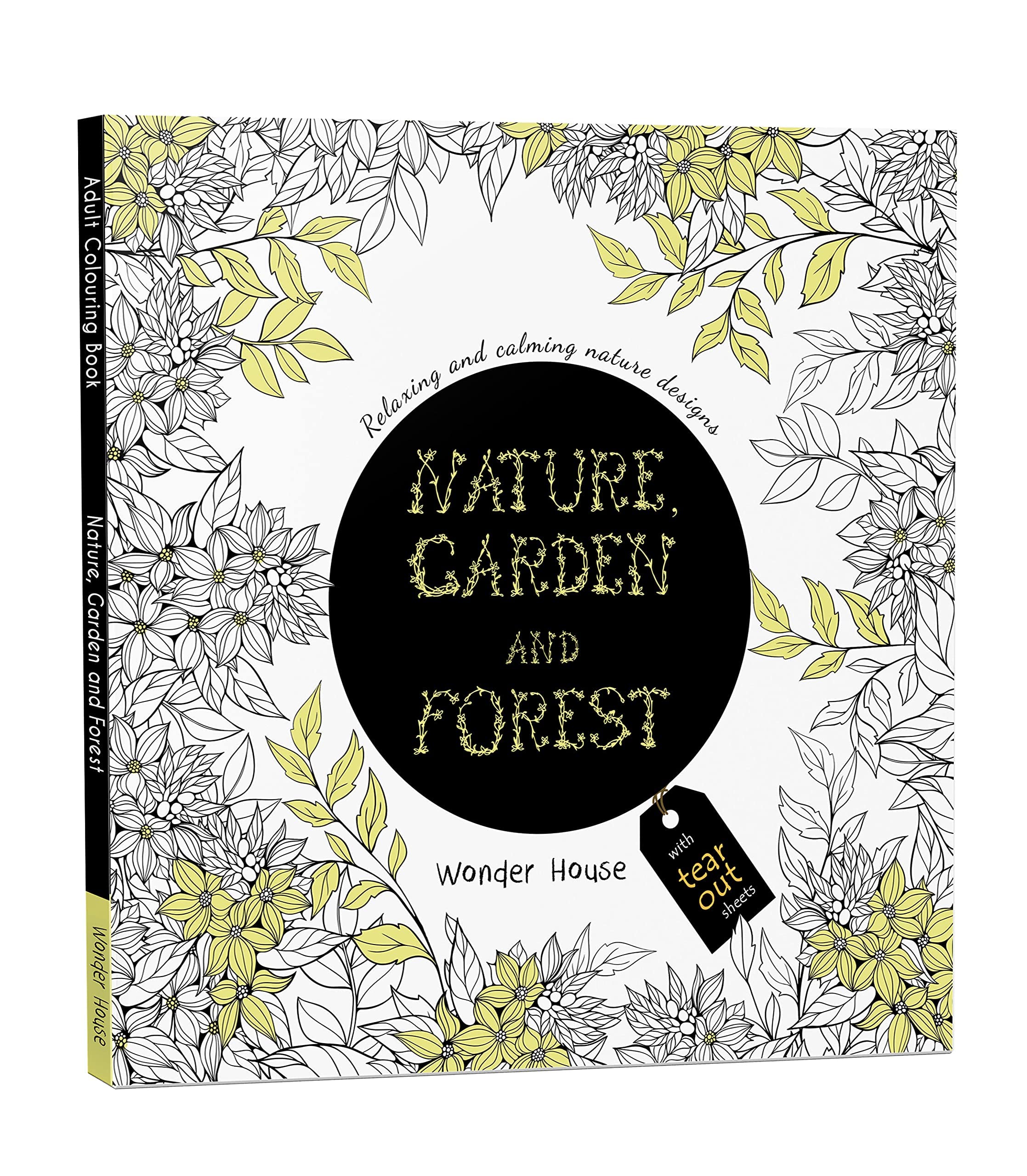Nature Garden and Forest adult coloring book with tear out pages featuring floral black and yellow designs