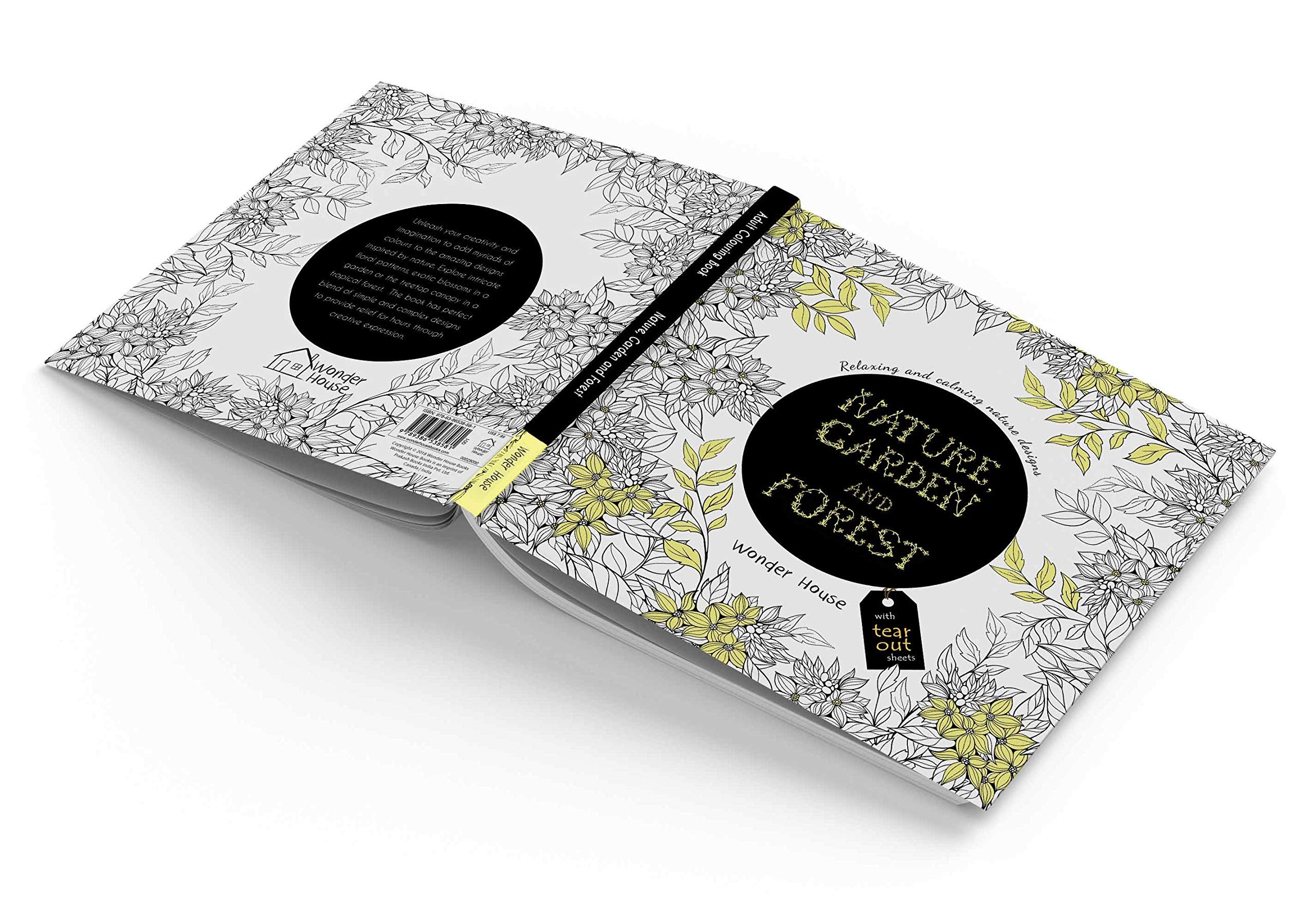 Mumzar adult coloring book with tear out pages featuring nature garden and forest illustrations