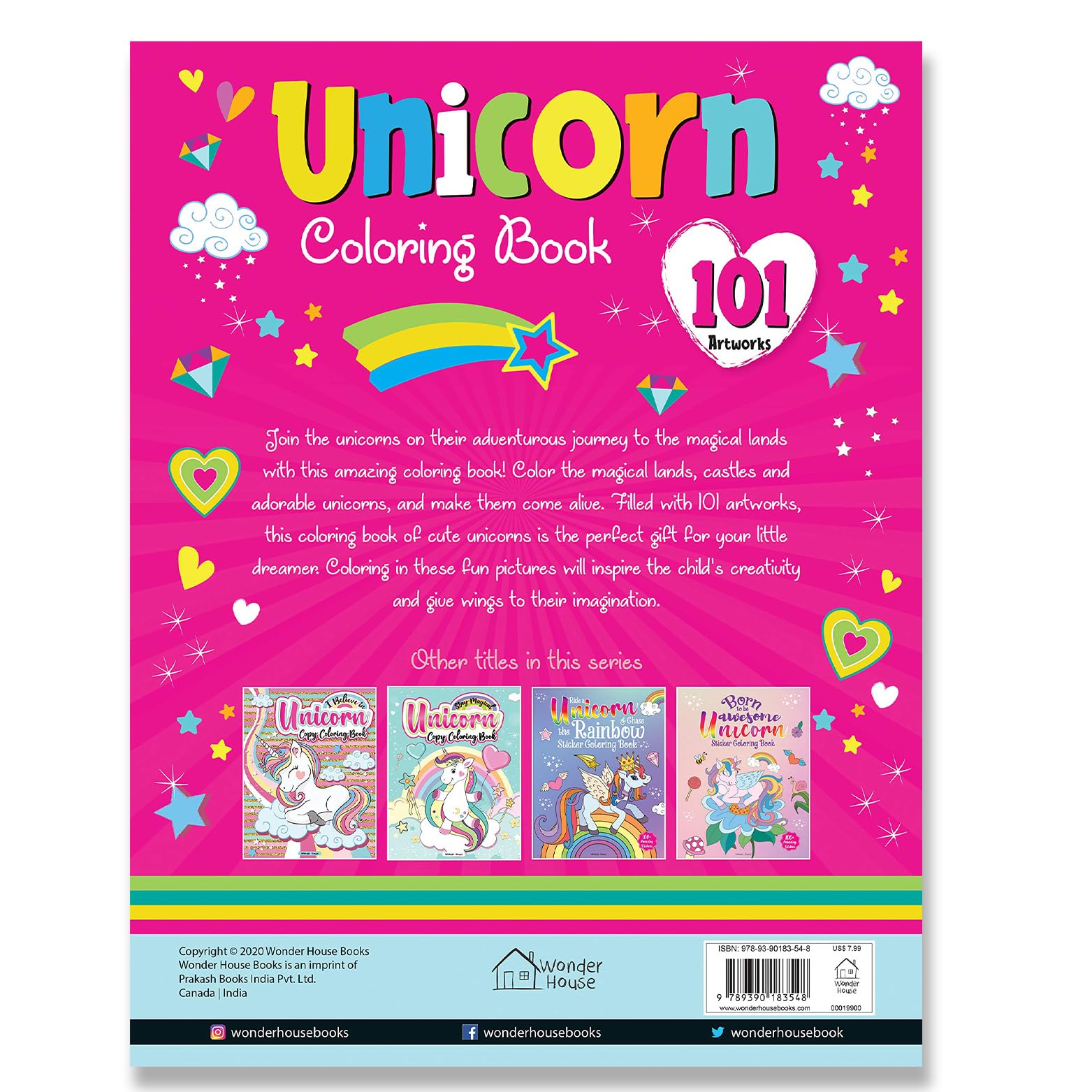Back cover of Mumzar unicorn coloring book featuring 101 unicorn coloring pages with colorful stars and hearts