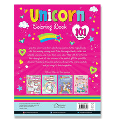 Back cover of Mumzar unicorn coloring book featuring 101 unicorn coloring pages with colorful stars and hearts