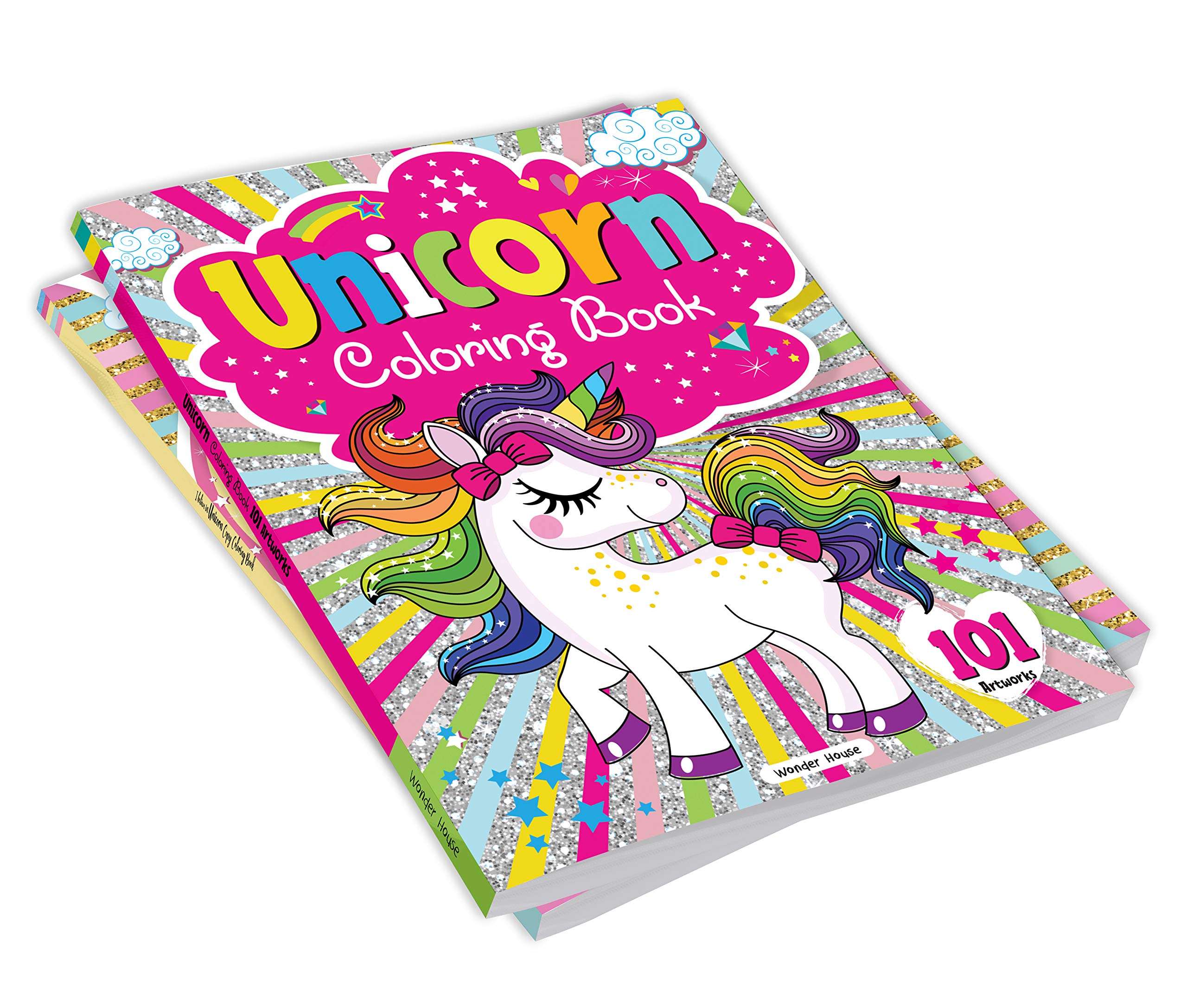 Unicorn coloring book with 101 unicorn coloring pages featuring a colorful unicorn on the cover
