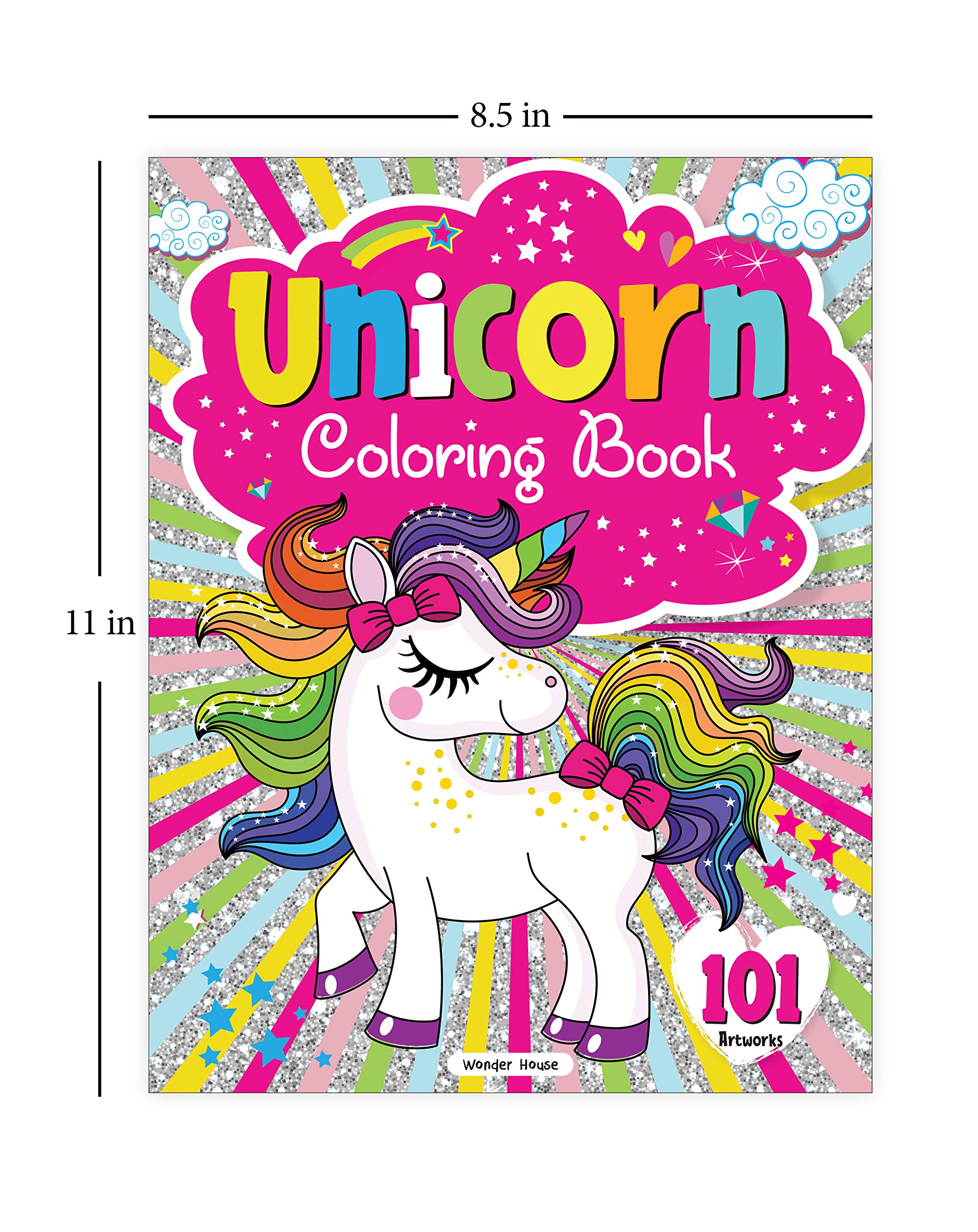 101 unicorn coloring pages book with colorful unicorn and glitter star background