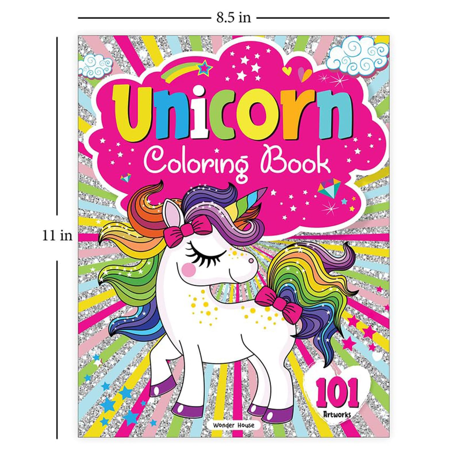 101 unicorn coloring pages book cover with colorful unicorn and sparkly background by Mumzar