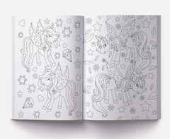 Open coloring book featuring 101 unicorn coloring pages with winged unicorns and decorative stars and hearts