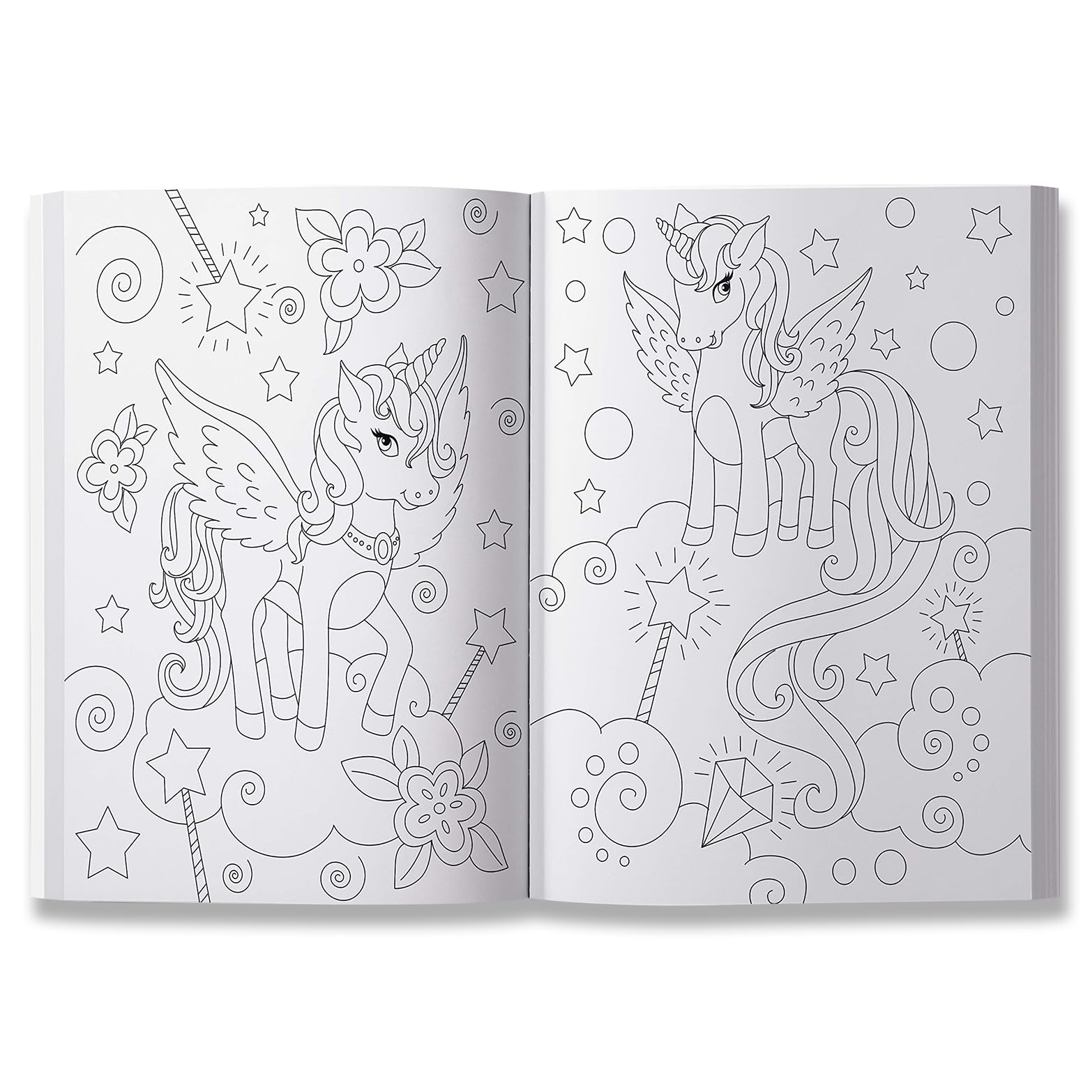 Open coloring book showing two unicorns with wings and stars in 101 unicorn coloring pages by Mumzar