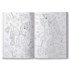 Open coloring book showing two unicorns with wings and stars in 101 unicorn coloring pages by Mumzar