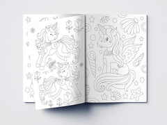 Open coloring book showing 101 unicorn coloring pages with detailed unicorn and floral designs