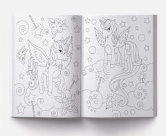 Open coloring book featuring two winged unicorns and stars from the 101 unicorn coloring pages collection