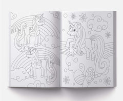 Open coloring book showing 101 unicorn coloring pages with unicorns, rainbows, clouds, and balloons
