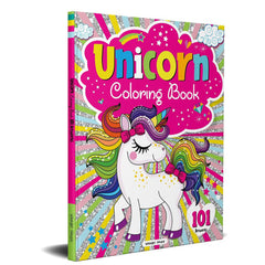 Colorful unicorn coloring book cover with 101 unicorn coloring pages for kids by Mumzar