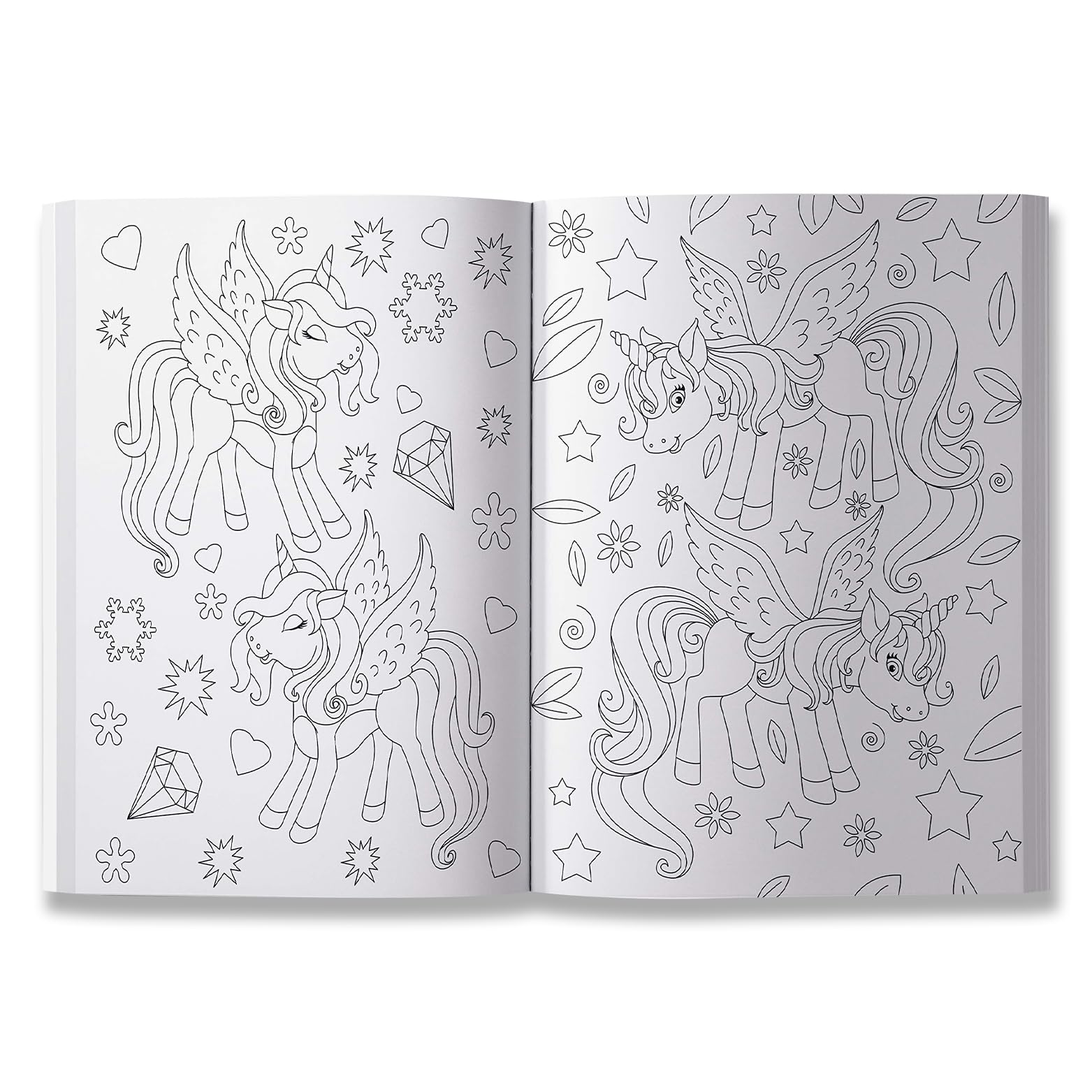 Open coloring book showing black and white drawings of flying unicorns in 101 unicorn coloring pages