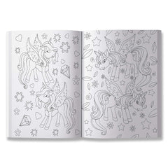 Open coloring book showing black and white drawings of flying unicorns in 101 unicorn coloring pages