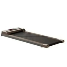 Portable treadmill with wood-grain frame and dark running belt, front-side view
