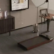 Portable treadmill with wood-grain deck and dark running belt, side view