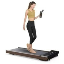 Portable treadmill with dark running belt and wood-grain base, runner mid-step