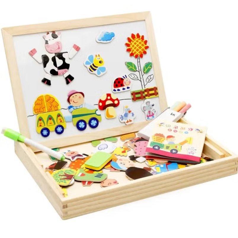 Huitich 3D wooden animal puzzle for toddlers with colorful animal and nature shapes in a wooden box
