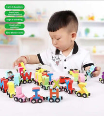 Child playing with colorful wooden alphabet train toy by Huitich for early education and fine motor skills