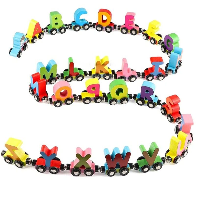 Huitich colorful wooden alphabet train toy with letters A to Z on connected wagons