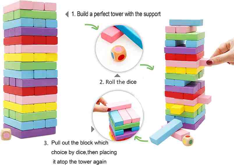 Huitich colorful wooden building blocks for kids with dice and instructions to build and play a stacking game
