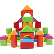 Colorful wooden block building set with arch and tower pieces