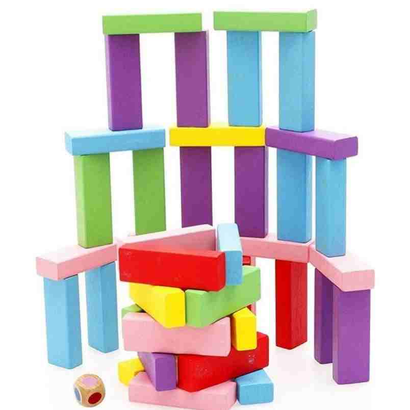 Colorful wooden building blocks for kids stacked and arranged in various shapes by Huitich