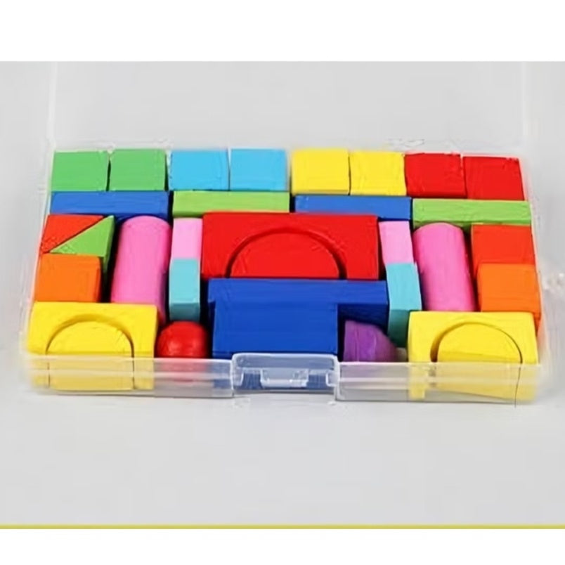Huitich colorful wooden building blocks for kids in various shapes neatly arranged in a clear plastic case