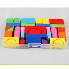 Huitich colorful wooden building blocks for kids in various shapes neatly arranged in a clear plastic case