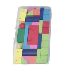 Colorful wooden blocks in clear tray, assorted rectangular and curved pieces