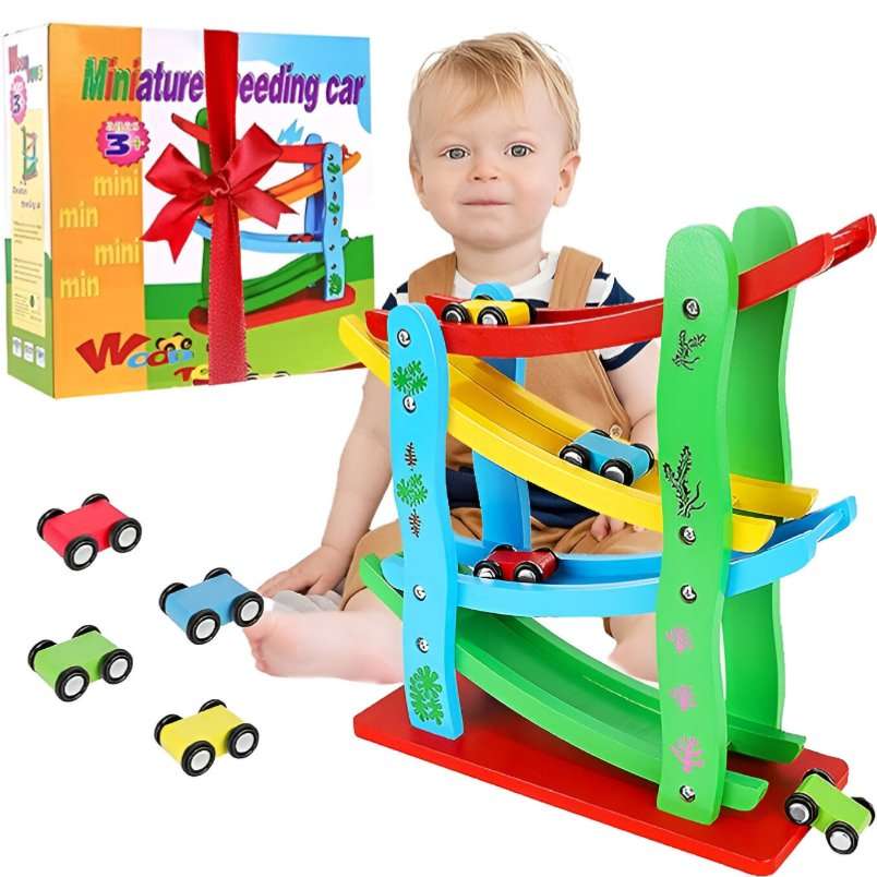 Wooden car ramp toy for kids with colorful tracks and small cars displayed with a toddler playing