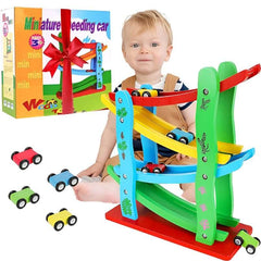 Wooden car ramp toy for kids with colorful tracks and small cars displayed with a toddler playing