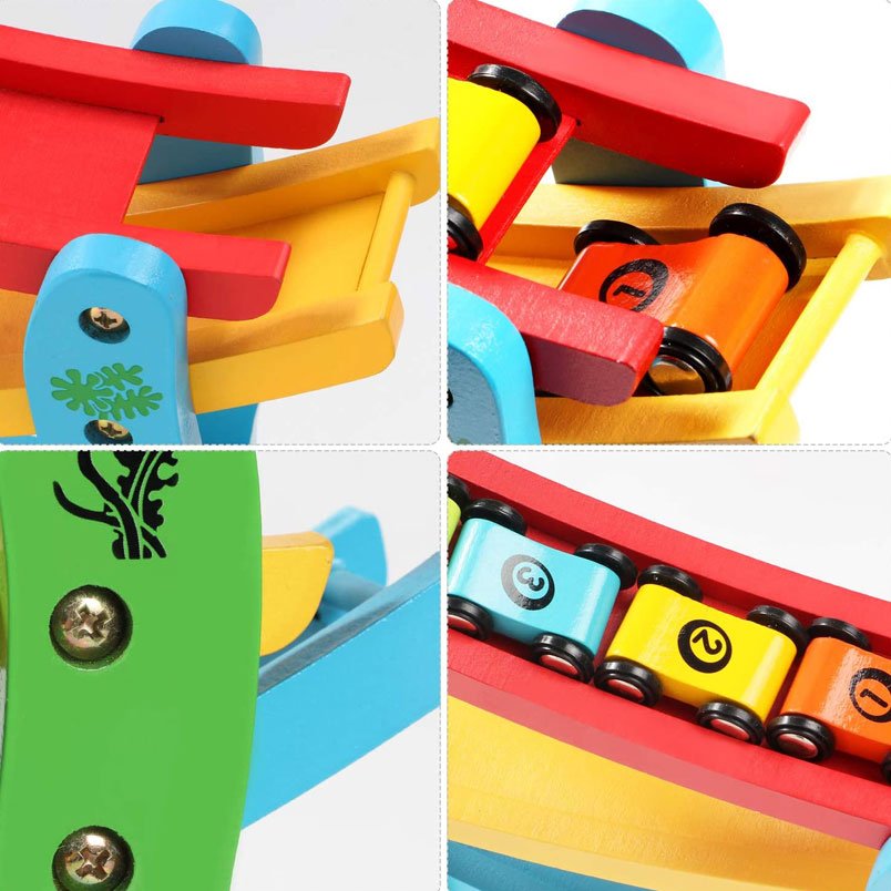 Colorful wooden car ramp toy for kids with numbered cars made by Huitich in red, yellow, blue, and green