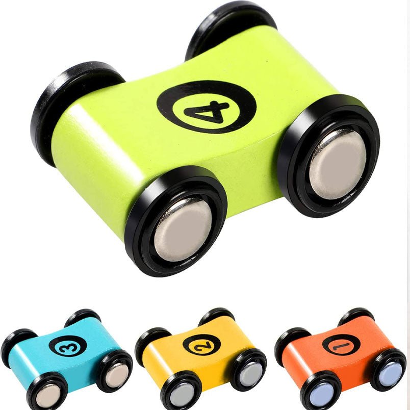 Colorful wooden car ramp toy for kids in green, blue, yellow, and orange with black wheels and numbers