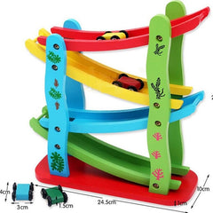 Colorful wooden car ramp toy for kids with four ramps and small toy cars by Huitich