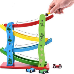 Colorful wooden car ramp toy for kids with four curved tracks and small cars being placed on top