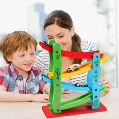Kids playing with colorful wooden car ramp toy for kids by Huitich on a table indoors