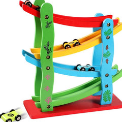 Huitich colorful wooden car ramp toy for kids with multiple levels and small wooden cars