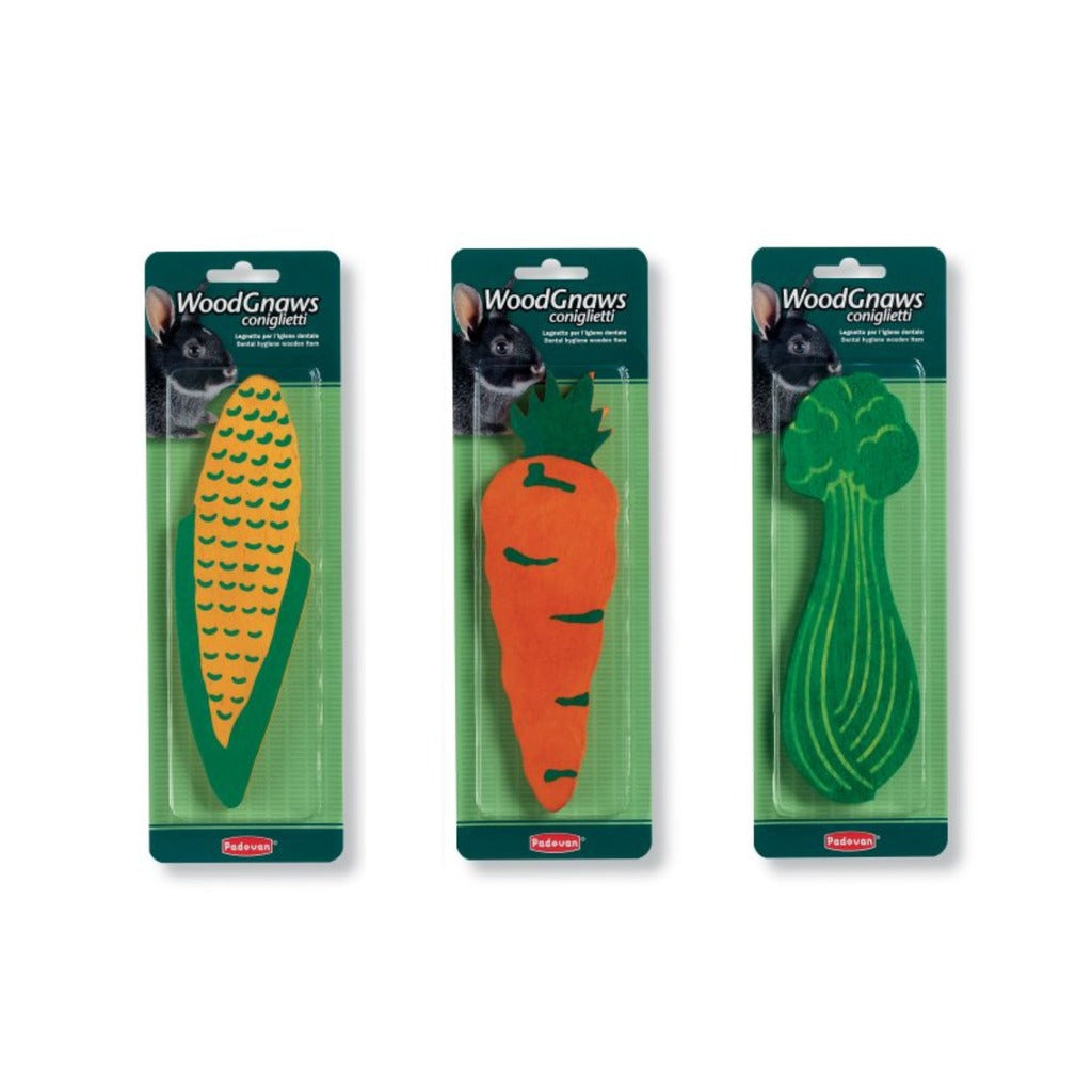 Padovan Wooden Chew Toys for Rabbits in Carrot, Corn, and Zucchini Shapes for Healthy Chewing