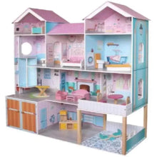 Pastel wooden multi-level dollhouse playset with rooms, stairways, and furniture, teal and pink