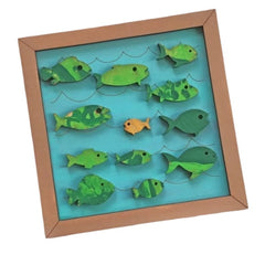 Wooden fish framed painting featuring colorful green and yellow fish in a sea-themed wooden frame