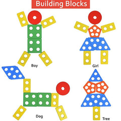 Huitich wooden geometric shape sorter toy with colorful pieces arranged as boy girl dog and tree
