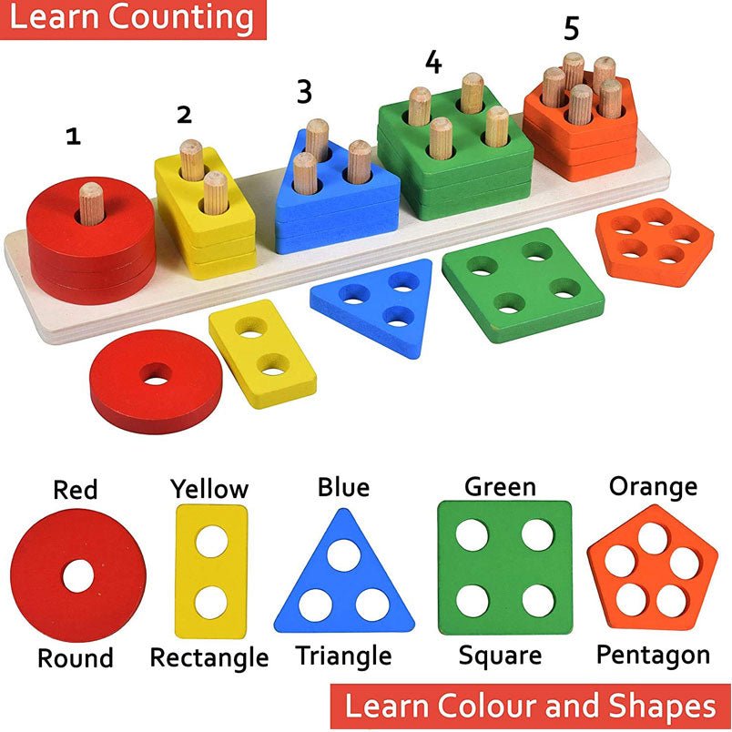 Huitich wooden geometric shape sorter toy with colorful shapes and counting pegs for learning colors and numbers