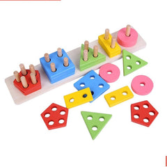 Huitich wooden geometric shape sorter toy with colorful pentagon, square, triangle, and circle pieces on a natural wood base