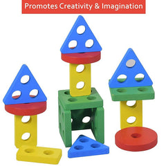 Huitich wooden geometric shape sorter toy with colorful blue, red, yellow, and green pieces promoting creativity