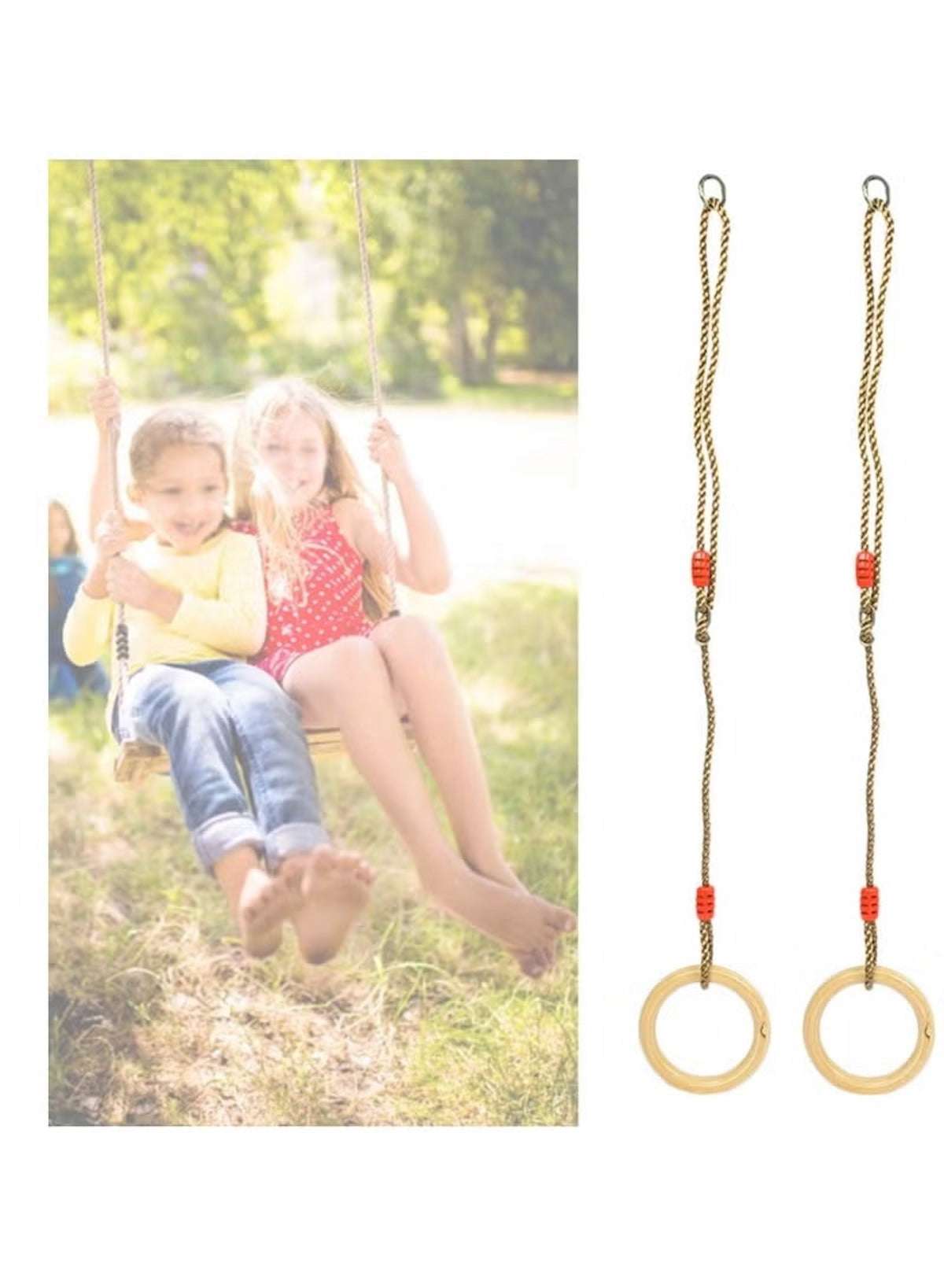 Huitich wooden gymnastics rings attached to sturdy ropes for active play and fitness