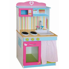 Kids play kitchen set with sink, two burners, pink countertop and cabinet door