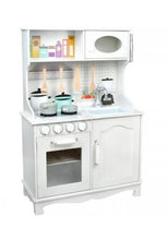Children's wooden kitchen playset with stove, oven door, sink and hanging utensils