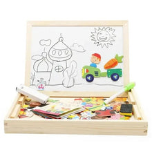 Wooden magnetic drawing board with animal and vehicle picture pieces and white stylus