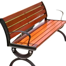 Wooden patio bench with dark metal frame, orange-brown slatted seat and back
