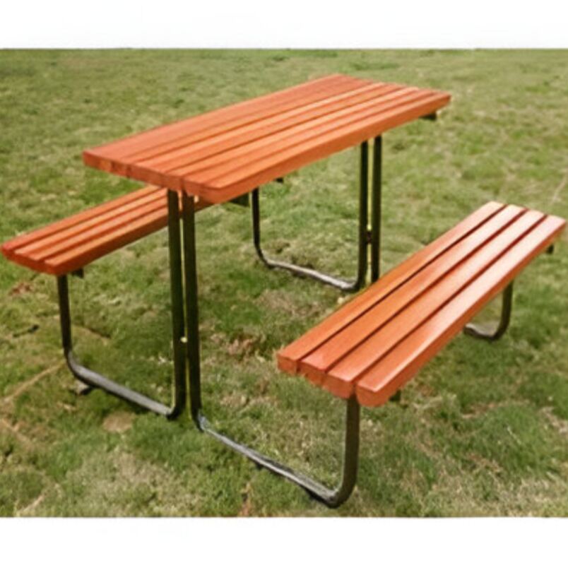 Huitich wooden patio bench with table featuring slatted wood design and metal frame on grass